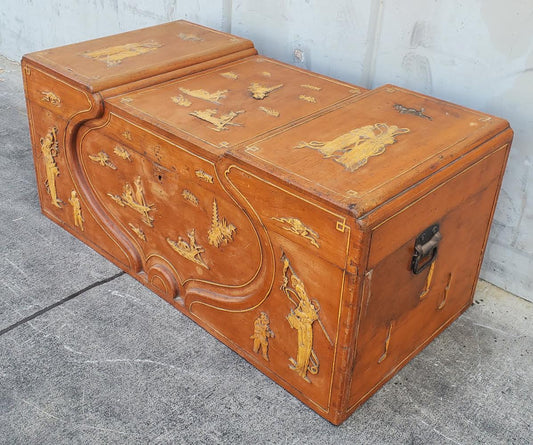 Asian style chest/trunk light wood carved camphor seaman’s antique/vintage