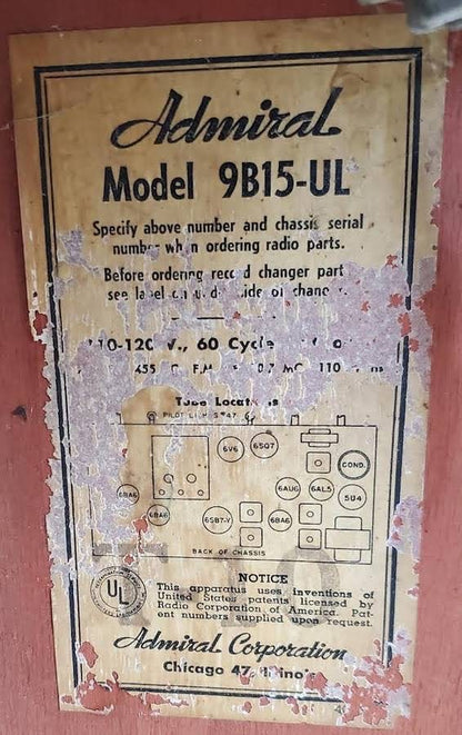 Admiral radio- phonograph antique/vintage ( not working)