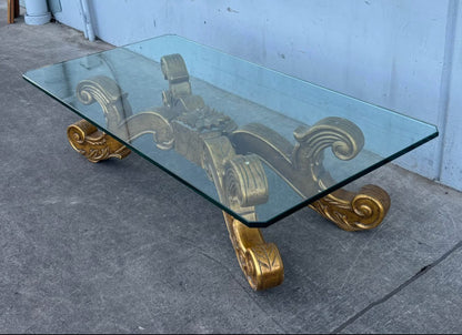 Vintage Rectangular Glass Top Coffee Table with Carved Wood Base Baroque Style