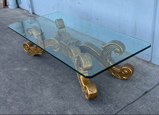 Vintage Rectangular Glass Top Coffee Table with Carved Wood Base Baroque Style