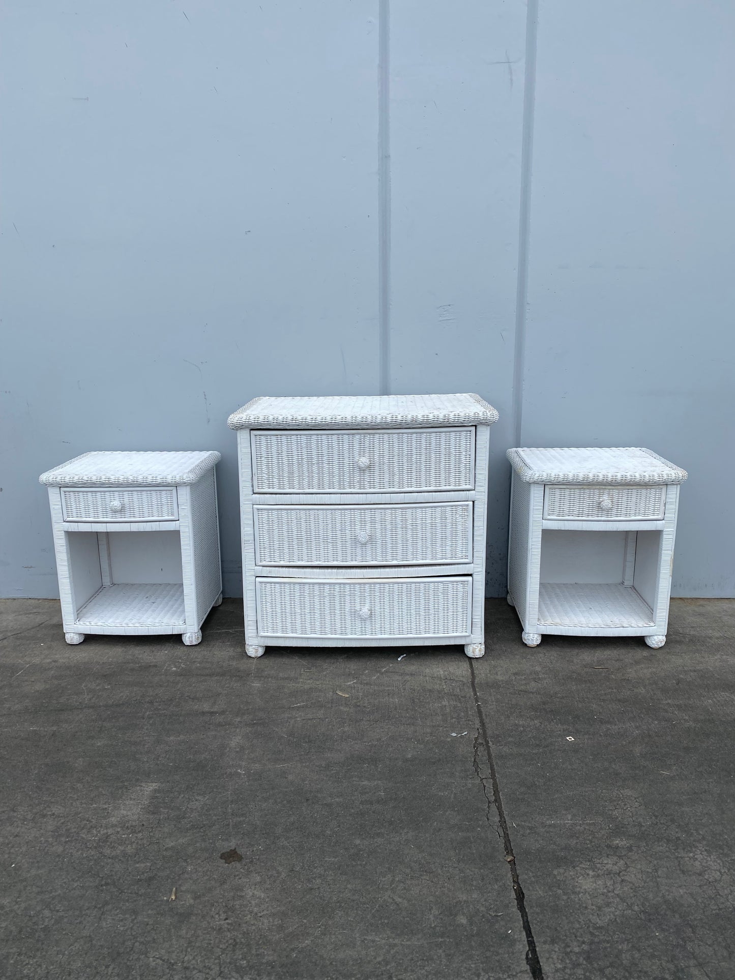 white wicker/ cane /rattan dresser with 2 nightstands end/side tables set