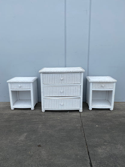 white wicker/ cane /rattan dresser with 2 nightstands end/side tables set