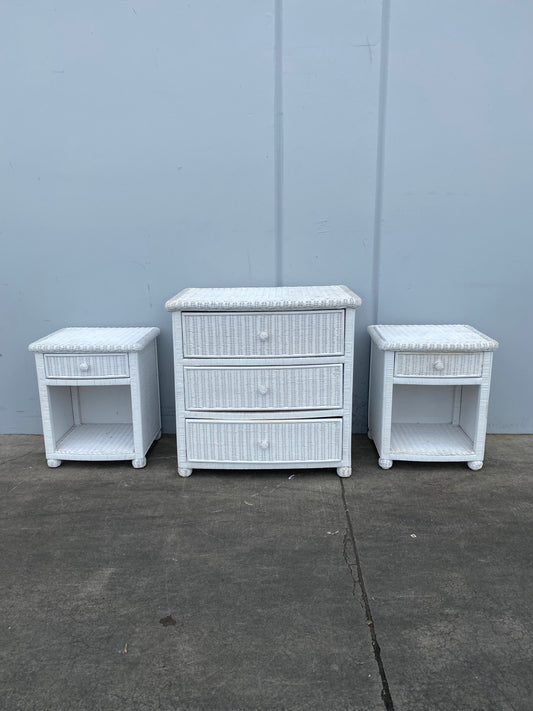 white wicker/ cane /rattan dresser with 2 nightstands end/side tables set