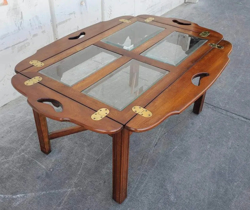 Coffee table glass top dark wood folding sides