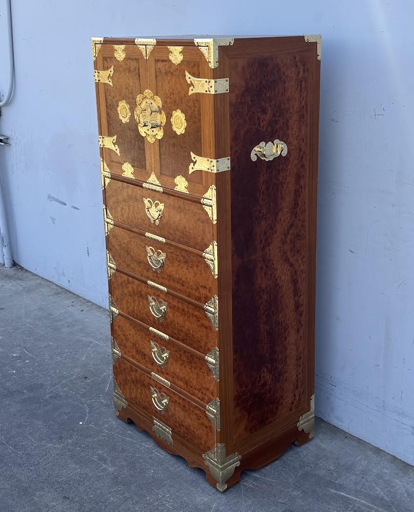 Large Vintage Korean Burl Wood Chinoiserie Tall Narrow Cabinet