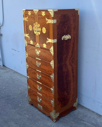 Large Vintage Korean Burl Wood Chinoiserie Tall Narrow Cabinet