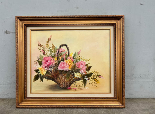 Vintage Oil Painting Basket of Flowers Signed