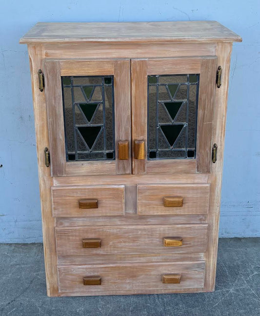 Solid Wood Smaller Hutch with Colored Glass Kitchen Dresser Organizer