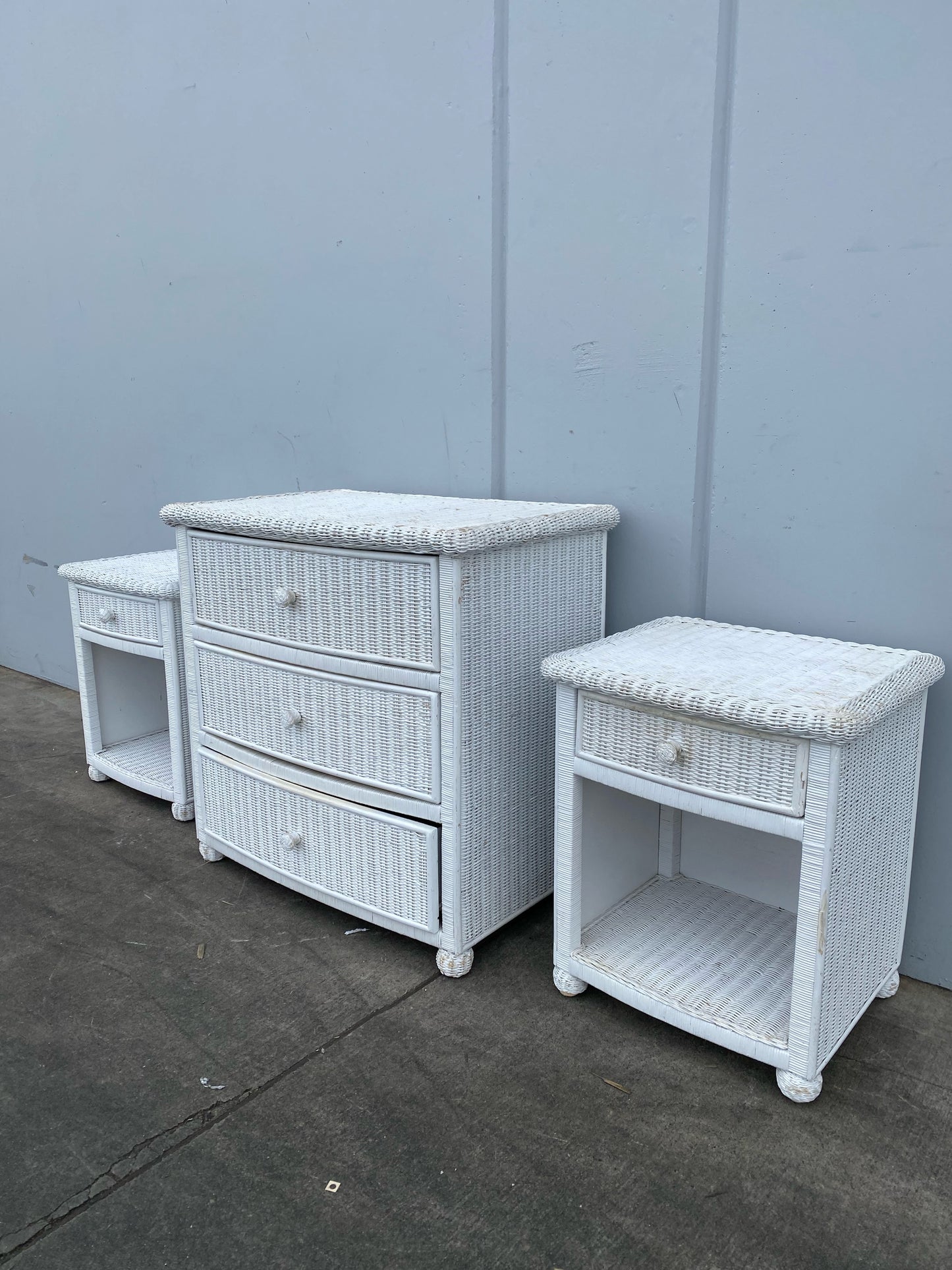 white wicker/ cane /rattan dresser with 2 nightstands end/side tables set