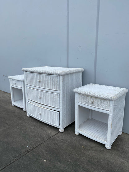 white wicker/ cane /rattan dresser with 2 nightstands end/side tables set