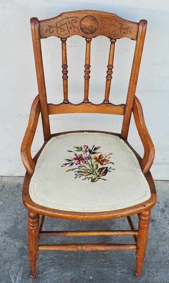 Perry’s Upholstery needlepoint floral cushion armchair