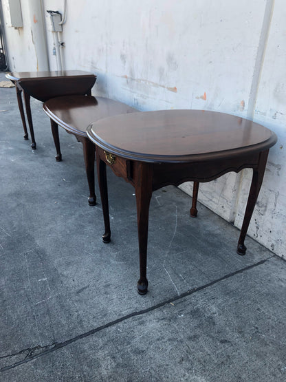 dark wood 3 piece living room set coffee table, 2 end/side tables (1 w/drawer, 1 w/drop leaf)