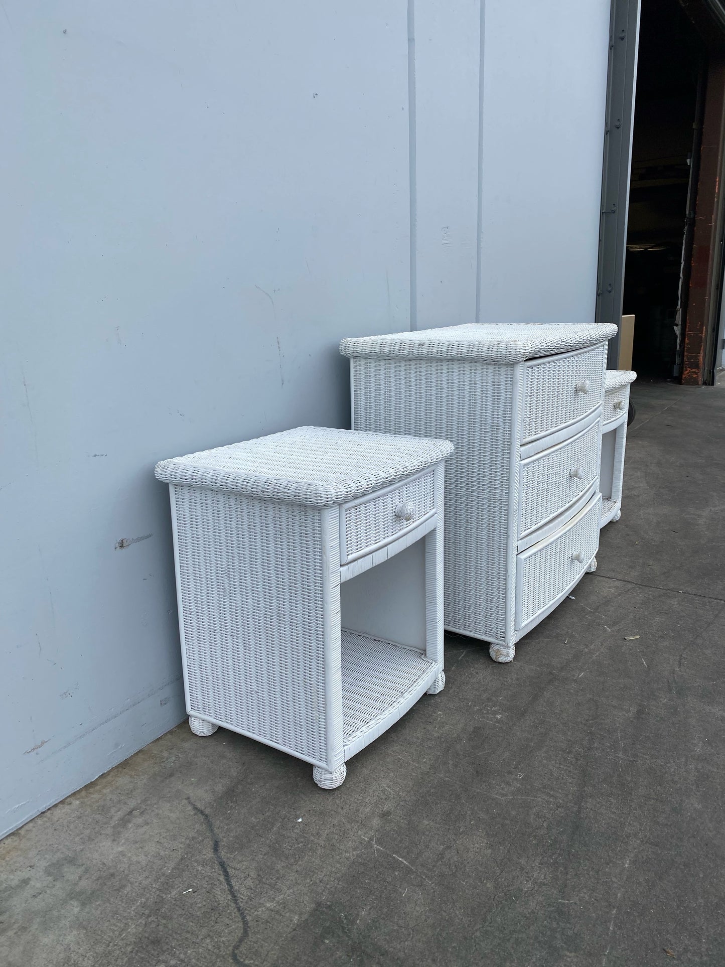 white wicker/ cane /rattan dresser with 2 nightstands end/side tables set