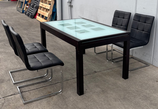 dining set extendable table with frosted glass top and 4 black chairs