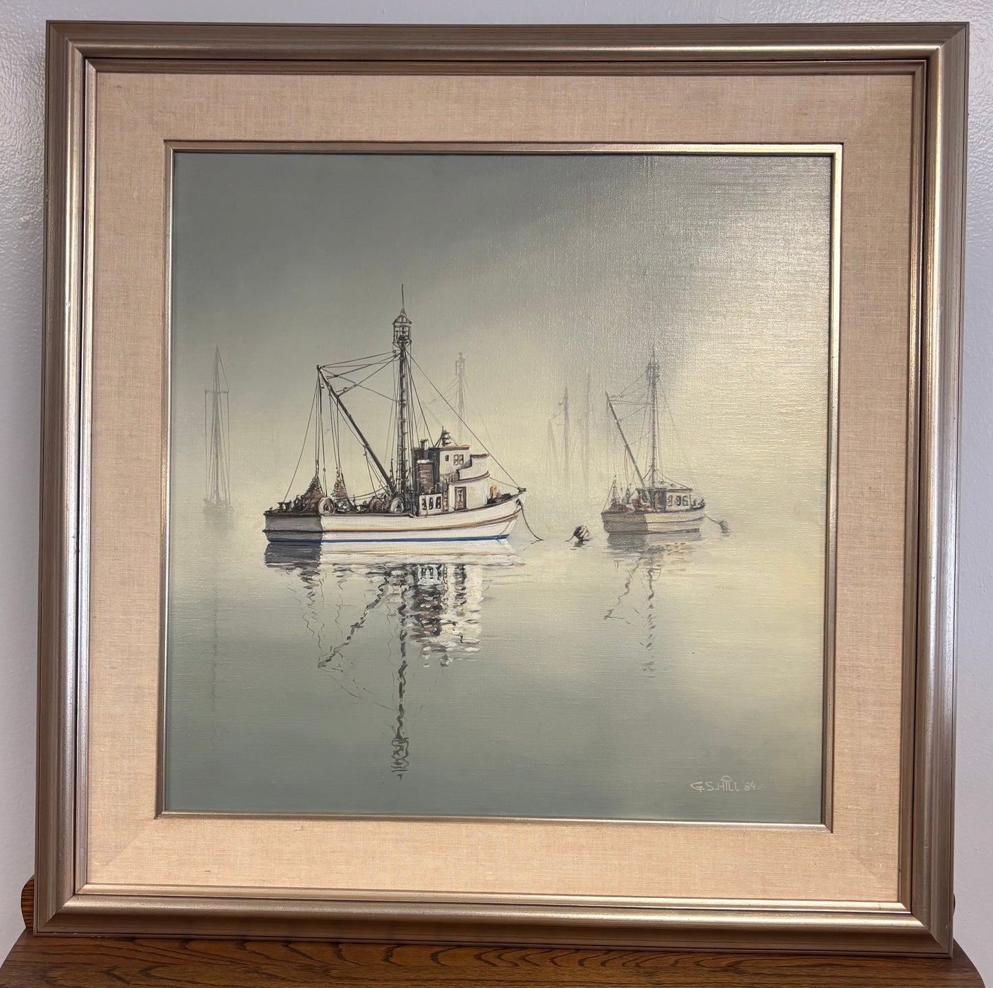 Bay fishing boats 1984 oil painting signed