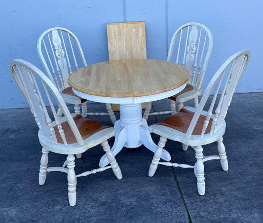 Round white light wood dining / kitchen table with 4 chairs and leaf
