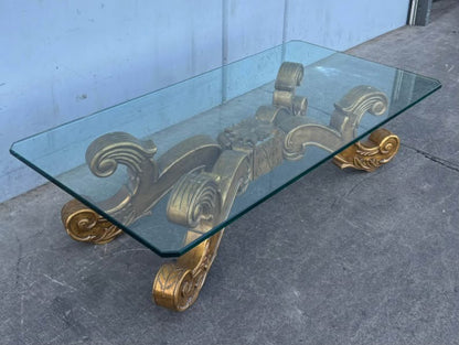 Vintage Rectangular Glass Top Coffee Table with Carved Wood Base Baroque Style