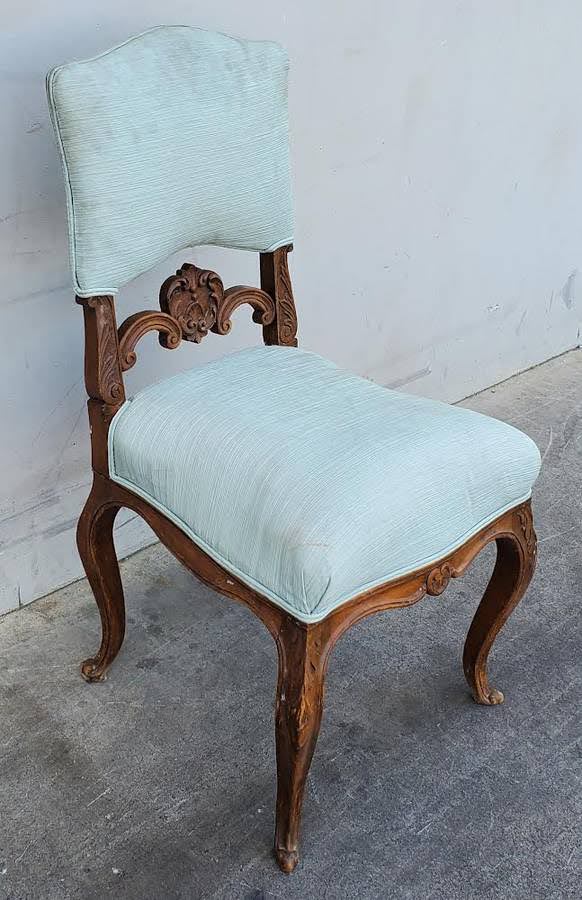 Antique/vintage carved wood light blue cushion side chair