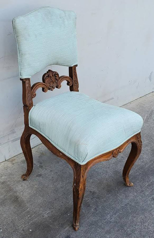 Antique/vintage carved wood light blue cushion side chair