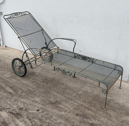 Vintage Wrought iron flower patter garden chaise lounge chair with wheels
