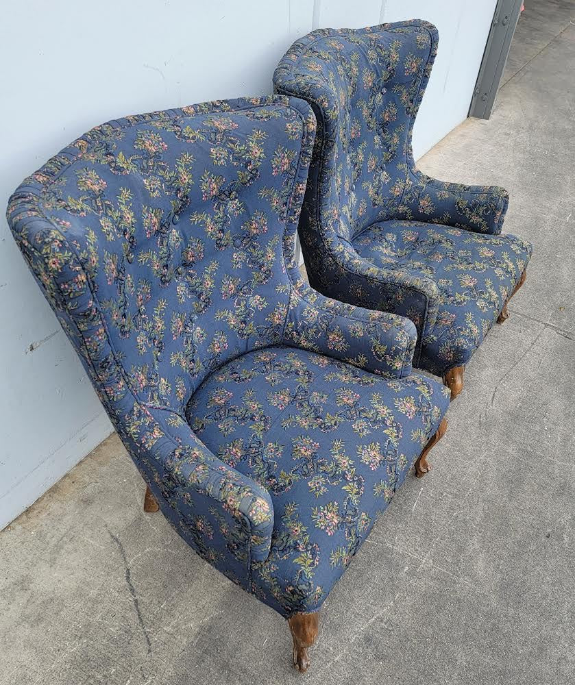 vintage/antique Queen Anne style wingback accent armchairs/chairs bergere blue floral (2)set