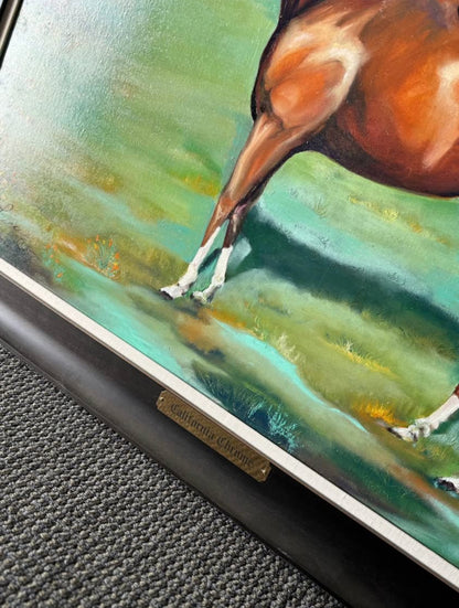 Vintage Race Horse Painting Oil on Canvas “California Chrome” Signed Framed 46x36 Framed