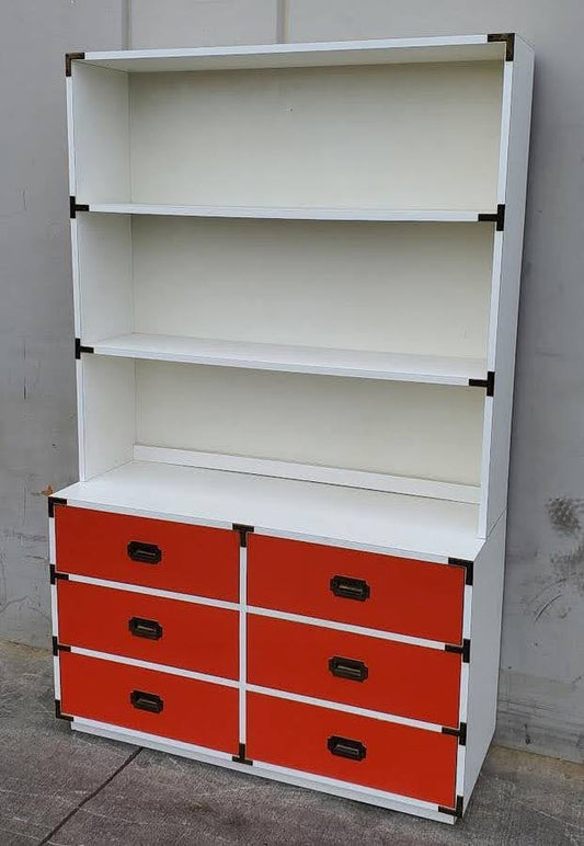 White bookcase/bookshelf with 6 red drawers cabinet