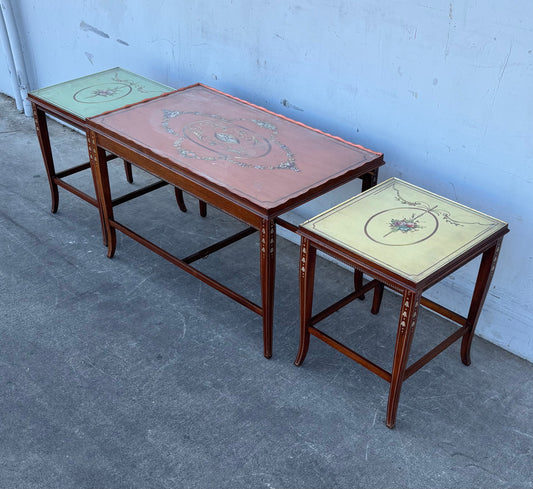 Mid-Century English Regency Adam Style Mahogany Hand Painted Nesting Coffee/end Tables 3