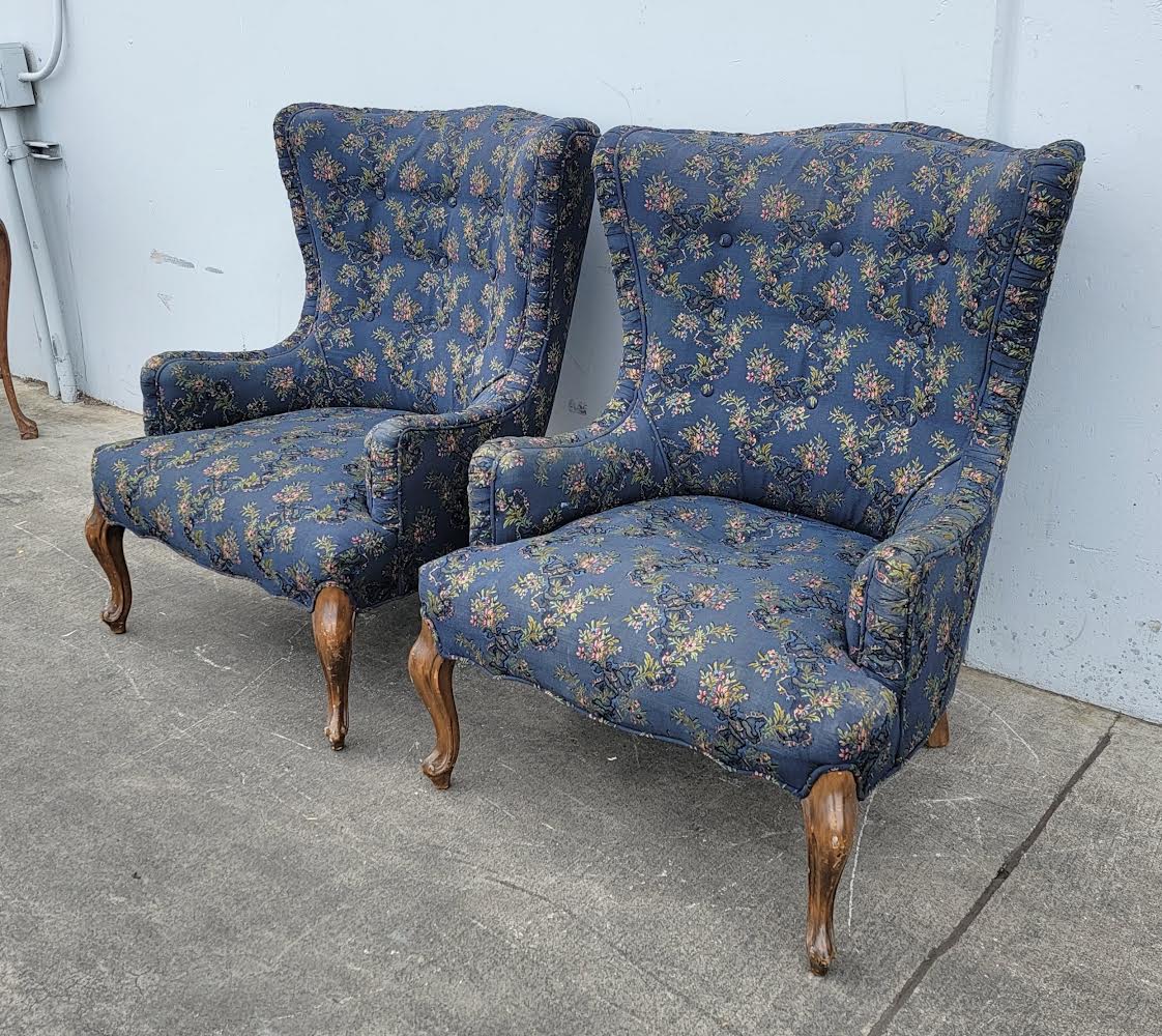 vintage/antique Queen Anne style wingback accent armchairs/chairs bergere blue floral (2)set