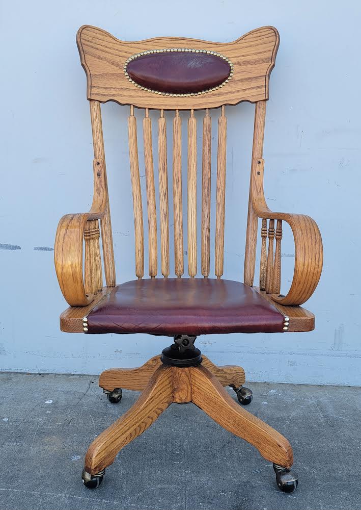 Vintage/antique swivel adjustable leather oak office armchair H.W. Hull & sons style