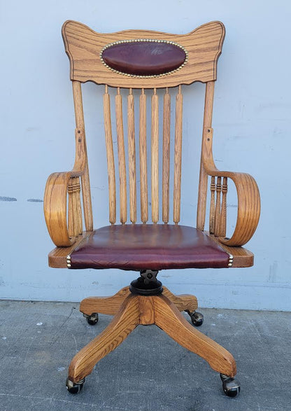 Vintage/antique swivel adjustable leather oak office armchair H.W. Hull & sons style