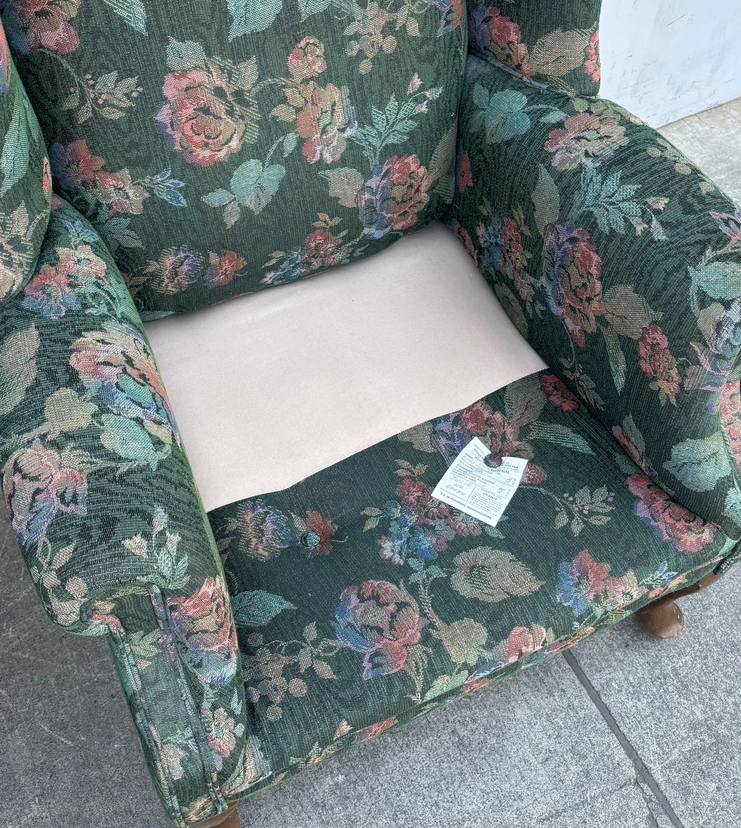 Vintage Green Floral Upholstered Sofa and Armchair