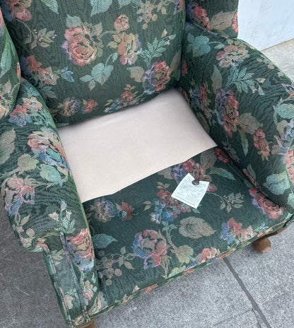 Vintage Green Floral Upholstered Sofa and Armchair