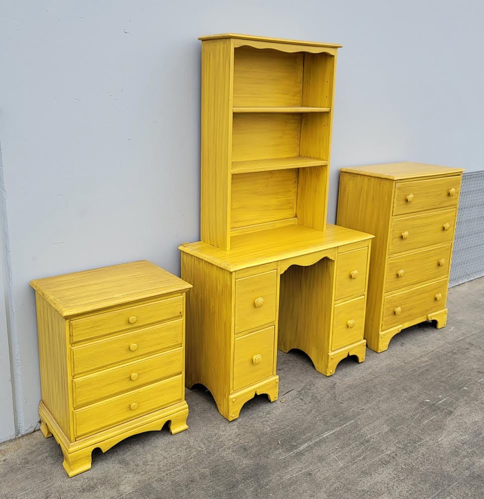 yellow bedroom set highboy dresser , desk with hutch and nightstand