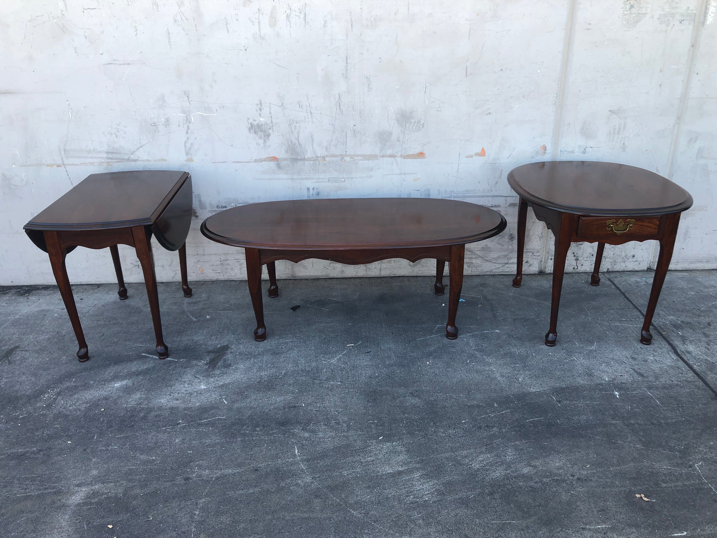 dark wood 3 piece living room set coffee table, 2 end/side tables (1 w/drawer, 1 w/drop leaf)