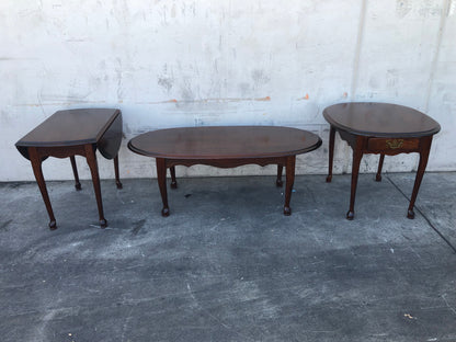 dark wood 3 piece living room set coffee table, 2 end/side tables (1 w/drawer, 1 w/drop leaf)