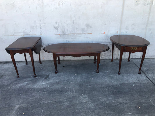 dark wood 3 piece living room set coffee table, 2 end/side tables (1 w/drawer, 1 w/drop leaf)
