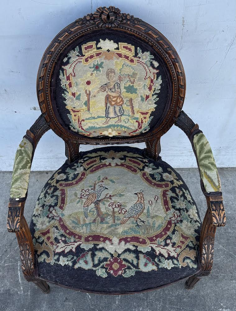 ANTIQUE LATE 19TH CENTURY LOUIS XVI STYLE W/ NEEDLEPOINT UPHOLSTERY armchair