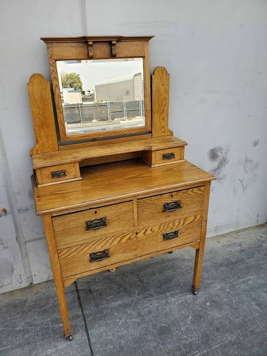 antique/vintage hallway table with drawers and mirror on wheels light wood