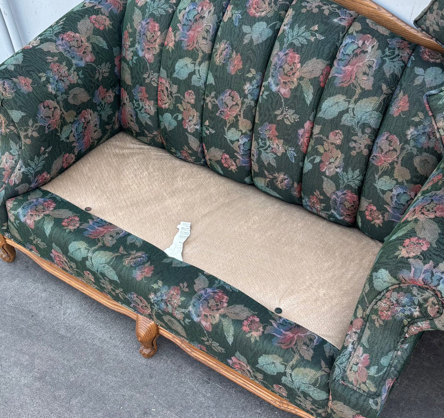 Vintage Green Floral Upholstered Sofa and Armchair