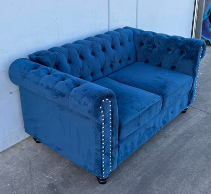 Velvet Blue Tufted Couch Sofa Loveseat