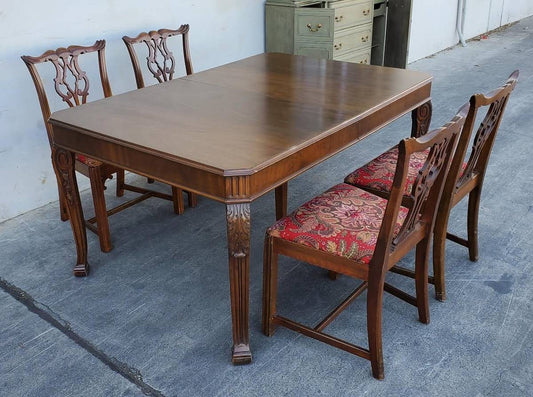Antique/vintage dining table with 4 chippendale style chairs red floral cushions