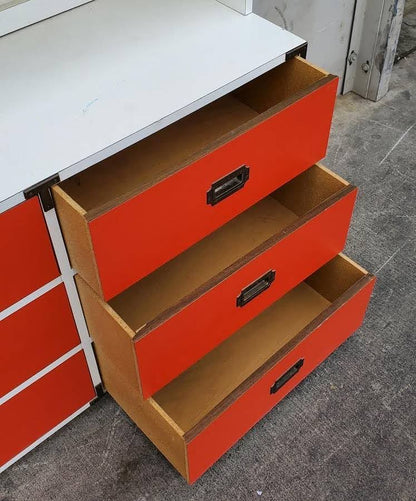 White bookcase/bookshelf with 6 red drawers cabinet