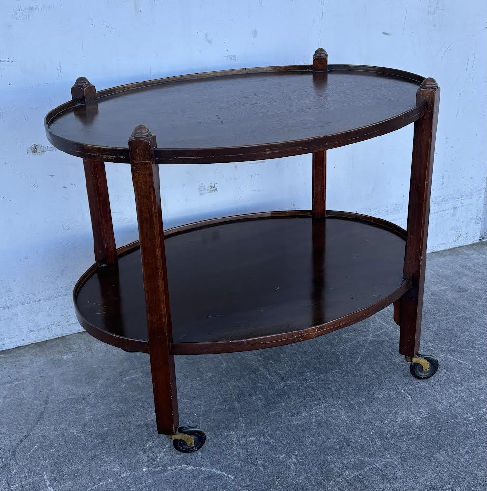 Antique Dark Wood Round 2-tier Bar Cart Teak Serving Trolley