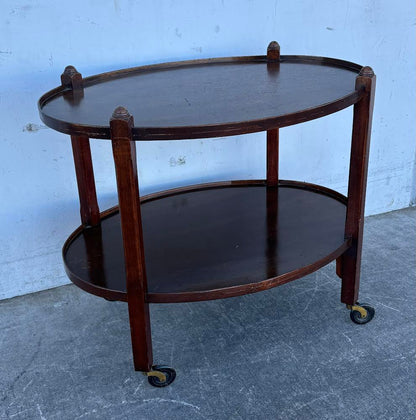 Antique Dark Wood Round 2-tier Bar Cart Teak Serving Trolley