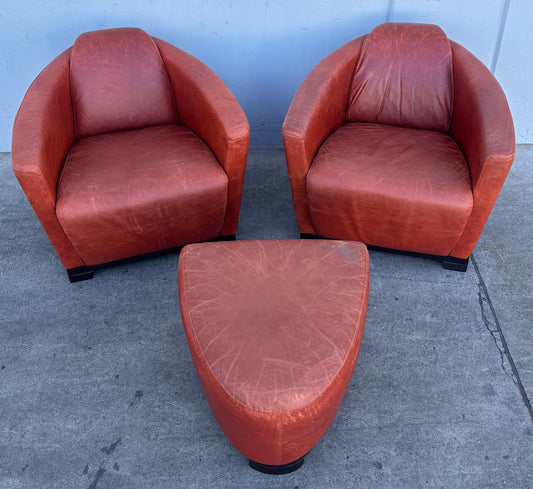 Red leather style Italian (2) club/ accent chairs and ottoman/ footrest