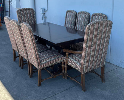 Dining table dark wood with drop sides and 8 chair set