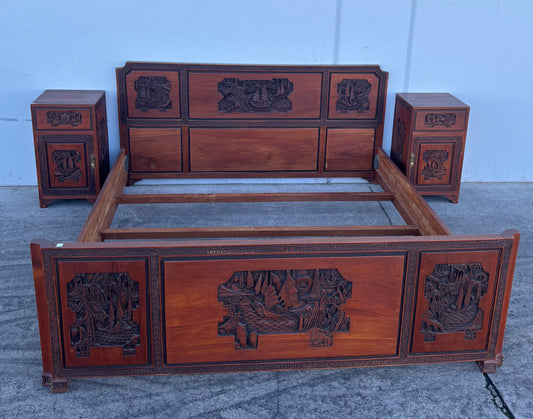 Chinese/ Asian carved bed frame and 2 nightstands bedroom set