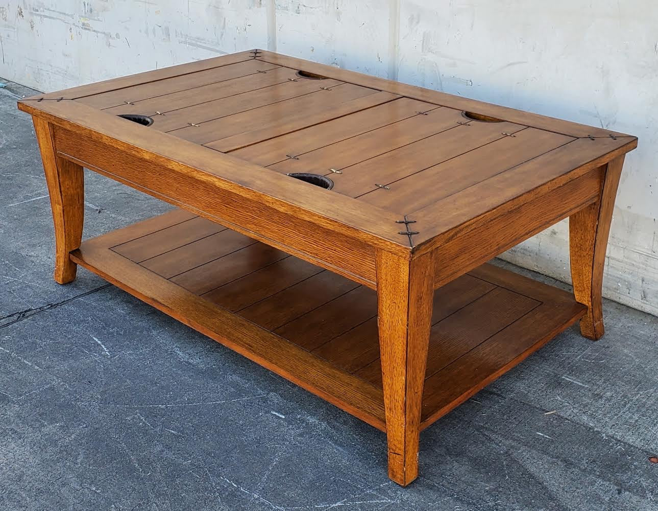 wood coffee table with storage compartments on top
