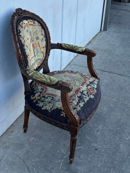 ANTIQUE LATE 19TH CENTURY LOUIS XVI STYLE W/ NEEDLEPOINT UPHOLSTERY armchair